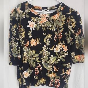 H&M Black/Orange/Green Floral Short Sleeve Sweatshirt, XL, Excellent Condition